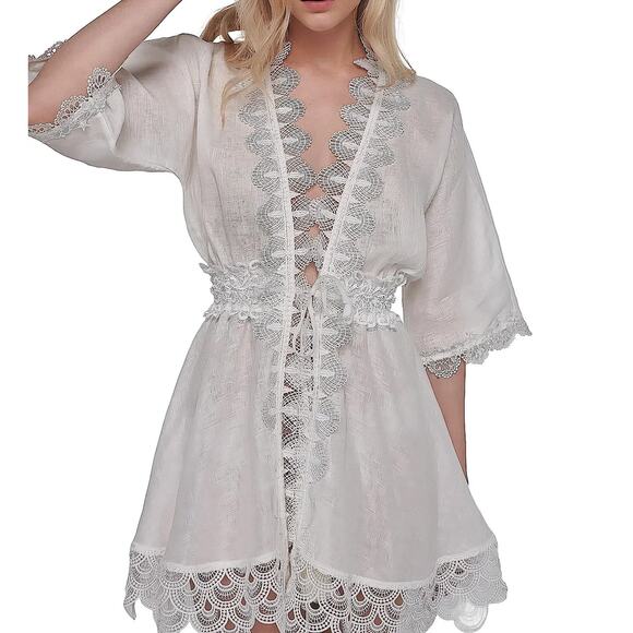 Waimari Gabriella White Linen Lace Kimono Tiered Mini Dress Medium NEW - Picture 1 of 7